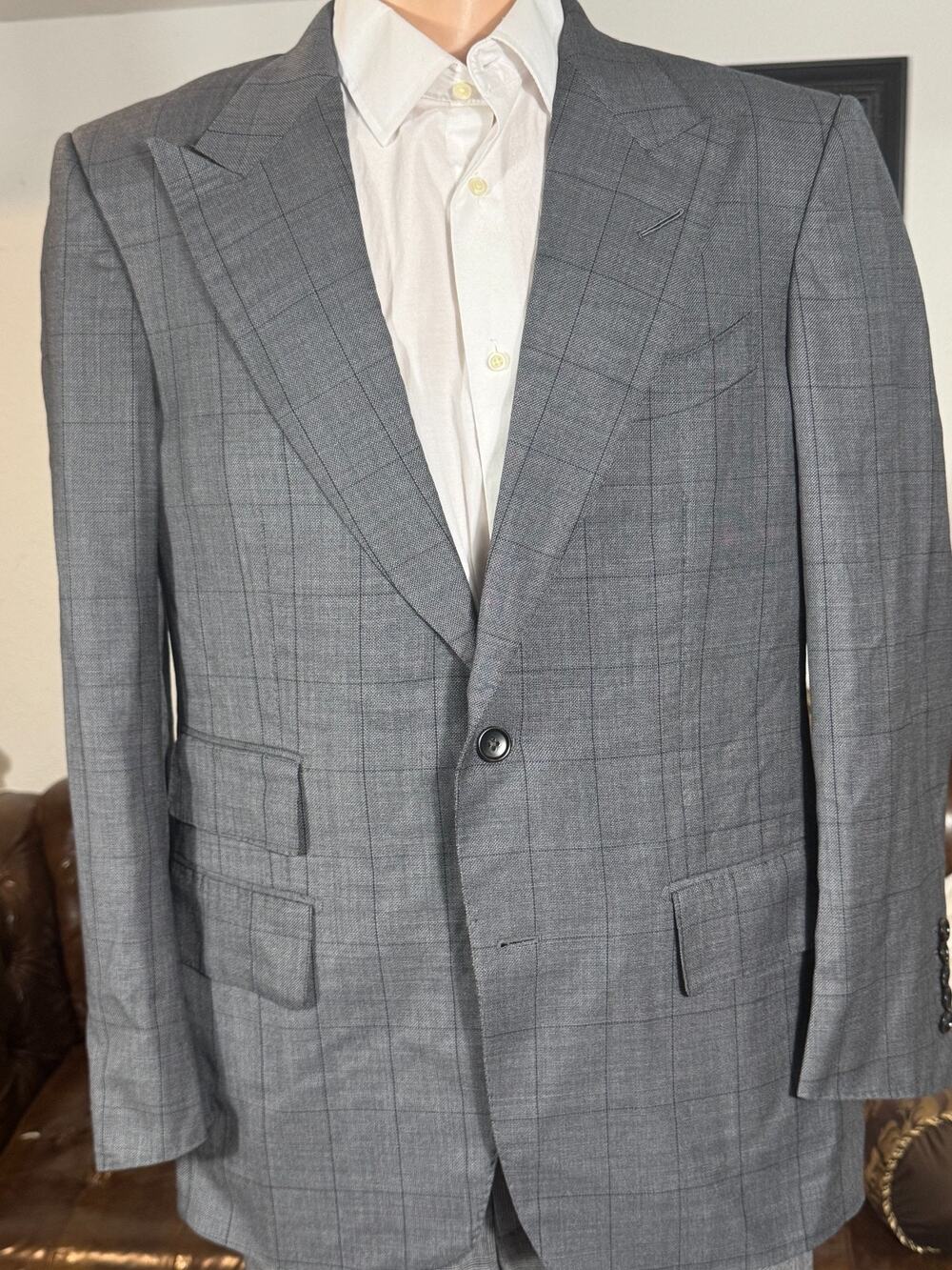 Tom Ford Wool Silk Gray Windowpane Sportcoat Blazer Peak Lapels Windsor 50IT 42R